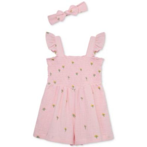 Baby Girls Woven Cotton Floral Schiffli Romper & Headband, 2 Piece Set
