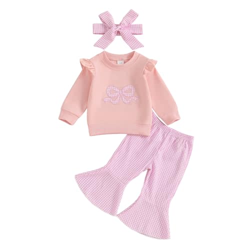 fhutpw Infant Baby Girl Fall Clothes Toddler Winter Outfits Ruffle Sleeve Sweatshirts Plaid Bell Bottom Pants Headband Set