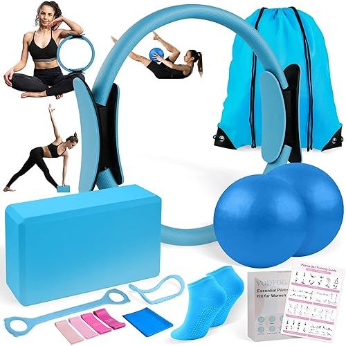 Pilates Ring Essentials Kit for Women,Home Fitness Equipment Sets with 12''Pilates Ring,2 Pilates Ball,Yoga Brick,Elastic Band & Other Accessories Suitable for Exercise & Shape Up-13PCS
