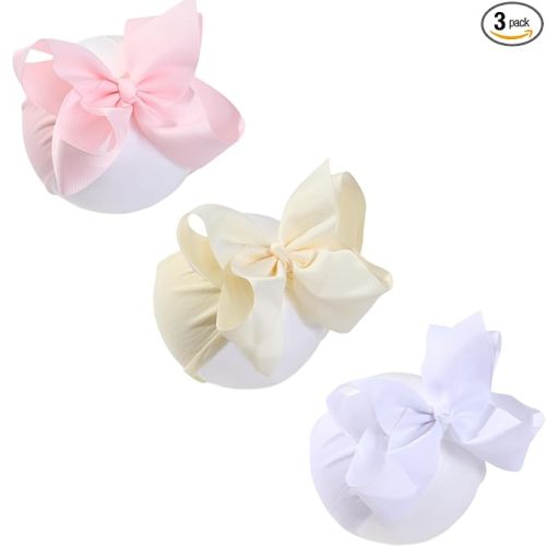 3 Pcs 6 Inch Pink Beige White Baby Girl Headbands With Bows Handmade Boutique Grosgrain Ribbon Baby Headbands Soft Nylon Elastic Headband For Newborns Infants Toddlers (Pink Beige White)