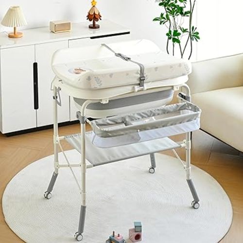 2-in-1 Baby Bathtub with Changing Table, Foldable Diaper Changing Station with 4 Wheels, Waterproof Pad, Storage Rack and Baby Bath Tub, Adjustable Height Portable Nursery Organizer for Newborn Infant