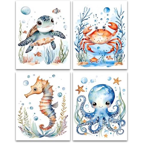 Nursery Sea Animal Wall Art Decor Set of 4 Watercolor Sea Marine Life Art Prints,Baby Boys Room Wall Art Ocean Animal Pictures Nursery Bedroom Decor(8"x10"Unframed)