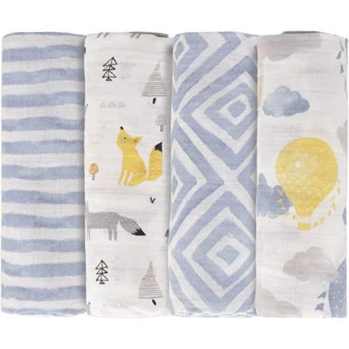 Featherhead™ 100% Cotton Muslin Swaddle Blankets for Baby Boy - Large 47”x 47” - Pre-Washed, Soft, & Breathable - Newborn Essential & Perfect Baby Registry Gift (4 Pack - Blue Foxes)