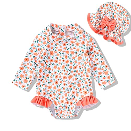 Infant Baby Girl Swimsuit One-Piece Long Sleeve Rash Guard with Hat Set Floral Zipper Bathing Suit Leopard Beach Wear