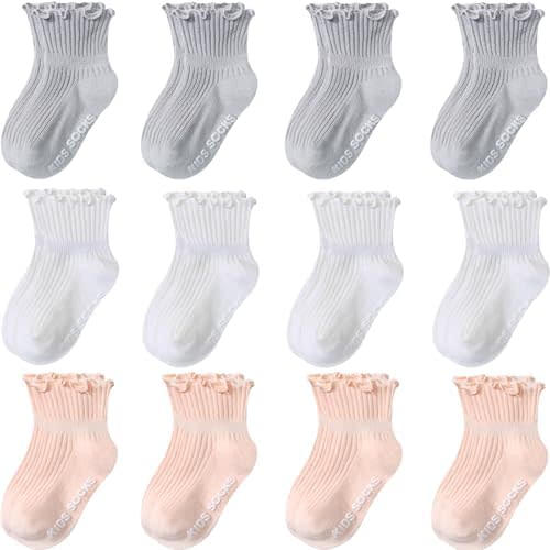 Baby Toddler Girls Socks Grip Ruffle Non Slip Girls Cotton 12 Pack Socks for Kids Cute Ankle 6M-7Years