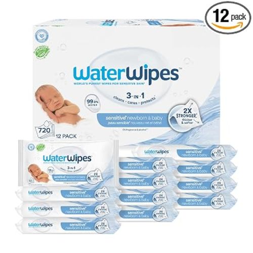 WaterWipes Sensitive+ Newborn & Baby Wipes, 3-In-1 Cleans, Cares, Protects, 99.9% Water, Unscented & Hypoallergenic, 720 Count (12 Packs)