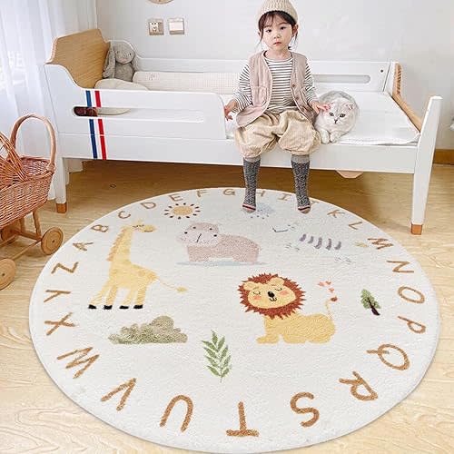 Poowe ABC Animals Kids Play Mat Baby Nursery Rug Round Educational Alphabet Soft Area Rug Non Slip for Children Toddlers Bedroom (Round 47.2")