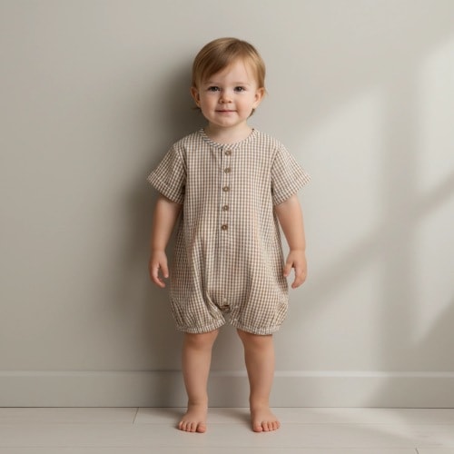 Organic Short Bubble Romper - Caramel Check