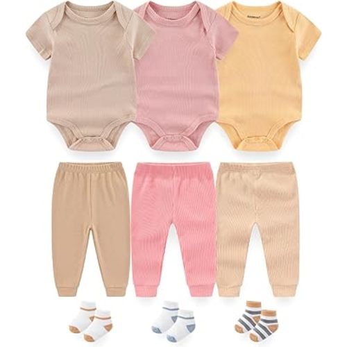 Baby Layette Gift Set 9-Piece Baby Bodysuits and Pant Socks Set Infant Boy Girl Clothes Outfits