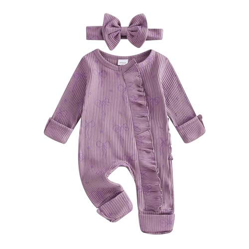 Socutebabe Newborn Baby Girl Coming Home Outfit Ruffle Romper Onesie Cute Ribbed Knit Jumpsuit Winter Clothes and Headband