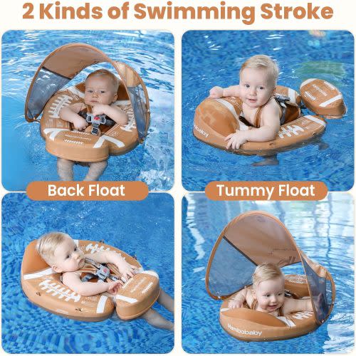 Mambobaby No-Flip Baby Pool Float with Canopy & Tail Non-Inflatable Swim Float for Infants, Pearl-Foam, UPF 50+ & Adjustable Safety Five-Way Harness, Skin-Friendly for Boys Girls 3-24 Months