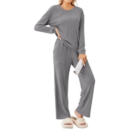 Ekouaer Lounge Sets Ribbed Knit Pajama Sets 2 Piece Soft Loungewear Outfits