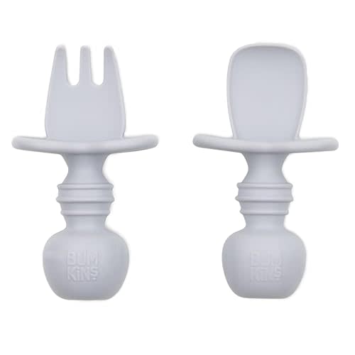 Bumkins Baby Utensils Set, Chewtensils Silicone Spoons for Dipping, Self-Feeding, Baby Led Weaning, Trainer Learning, First Stage Eating, Soft Practice Fork and Spoon, Babies 6 Months, Gray