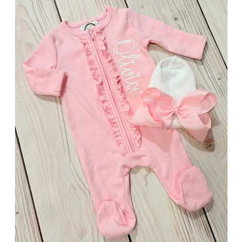 baby girl pink embroidered outfit, zipper ruffled Footies , baby girl announcement