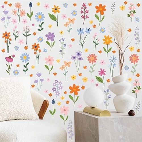 Flower Wall Decals - 8 Sheets 102 Pcs Spring Themed Wildflower Wall Stickers Peel and Stick Fairy Floral Wall Decor for Girls Bedroom Living Room Nursery Home
