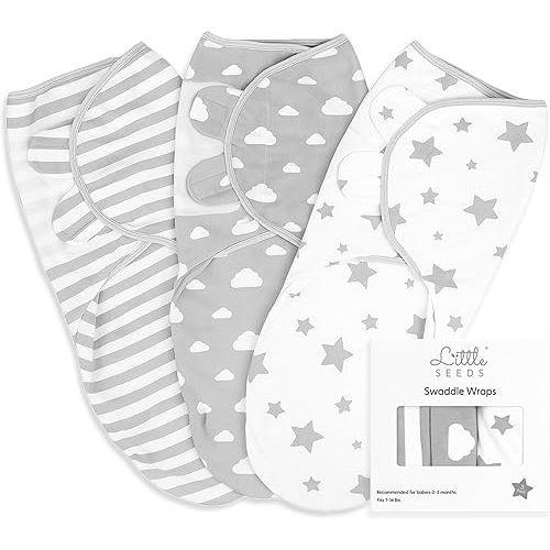 Little Seeds Adjustable Swaddle Blankets for Infants 0-3 Months – 3-Pack Organic Cotton Baby Swaddles for Newborn Boys & Girls – Soft, Snug & Hip-Healthy Swaddling Wraps