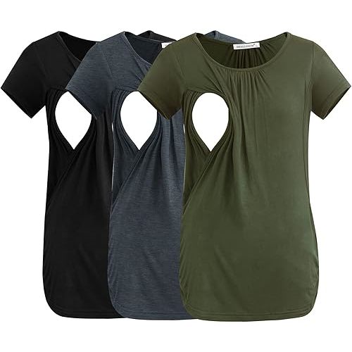 Smallshow Women's Nursing Tops Ruched Short Sleeve Breastfeeding Shirts 3-Pack