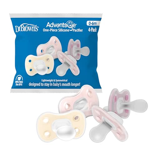 Dr. Brown's Advantage One-Piece Silicone Baby Pacifier, Fully Symmetrical Soother, Ecru/Light-Pink/Pink, 0-6M, BPA-Free, 4-Pack