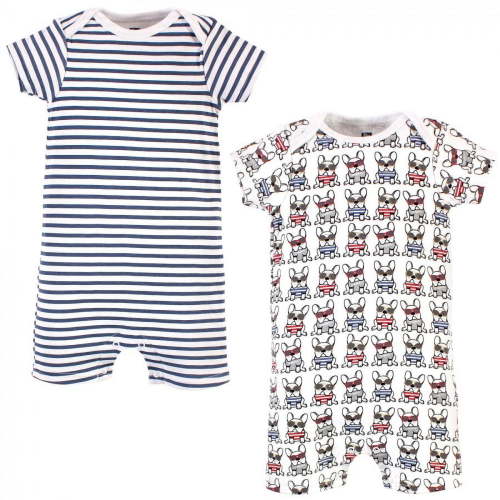 Hudson Baby Infant Boy Cotton Rompers, French Dog 2-Pack, 9-12 Months