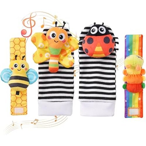 Baby rattles 0-6 Months, Cute Soft Newborn Wrist Rattle Foot Finder Socks Set,Infant Newborn Sensory Toy for 0 3 6 9 12 Months Boys Girls Gift (Insect)