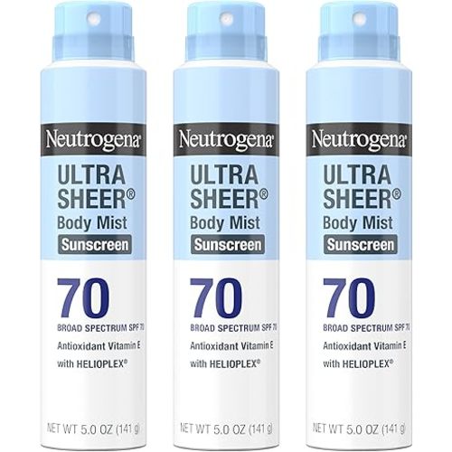 Neutrogena Ultra Sheer Body Mist Sunscreen Spray, Broad Spectrum SPF 70, Lightweight Spray Sunscreen, Non-Greasy & Water Resistant, Oil-Free & Non-Comedogenic UVA/UVB, 5 oz, Pack of 3