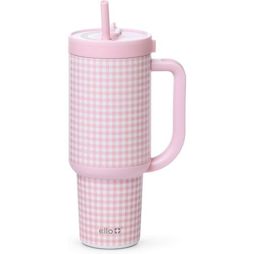 Ello Oasis 40 oz Tumbler with Handle & Retracting Straw | Reusable Insulated Stainless Steel Cup 100% Leakproof, Gifts for Teens Women Men | Keeps cold for 24 Hours, Cup Holder Friendly, Pink Gingham