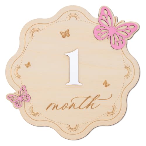 Baby Monthly Milestone Sign, 6 in Double-Sided Reversible Wooden Milestone Signs with Butterfly Design and Interchangeable Numbers for Month Milestone Baby Girl