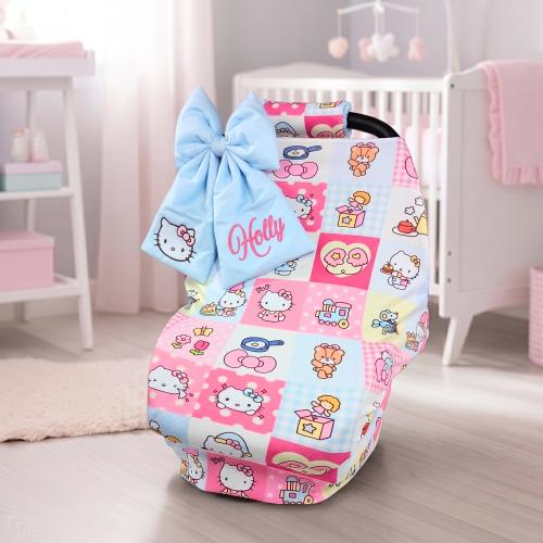 Hello Kitty Baby Car Seat Cover | Stretchy Nursing Cover | Personalized Name Embroidery Bow | Fits All Infant Car Seat Brands
