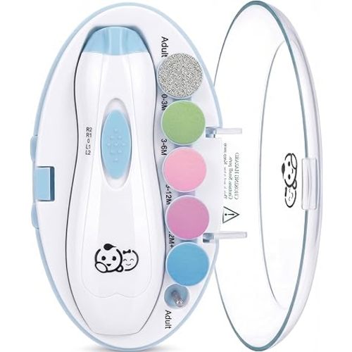 Royal Angels Upgraded 6 in 1 Baby Nail Trimmer with Labeled Case, 4 Colored Pads for Newborns to Toddlers, Whisper Quiet Electric Nail File with LED Light, Safe Manicure Set for Families (Babyblue)