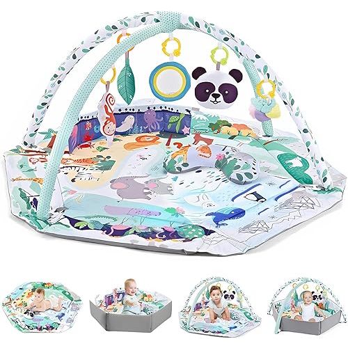 Baby Gym Play Mat, 5-in-1 Tummy Time Mat & Activity Gym, Washable Ball Pit, Infant Play Mat with Detachable Toys for Sensory Exploration and Motor Skill Development