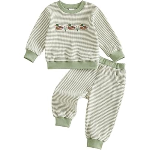 fhutpw Baby Toddler Boy Girl Fall Winter Clothes Embroidery Stripe Pullover Pants Sets Infant Long Sleeve Sweatshirt Outfits