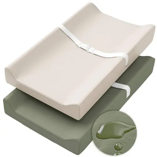 Konssy Vegan Leather Changing Pad Cover for Baby Girls Boys, 2 Pack Waterproof & Wipe-Clean Diaper Chang Table Covers, Soft Changing Pad Sheets (Fog Green,Beige)