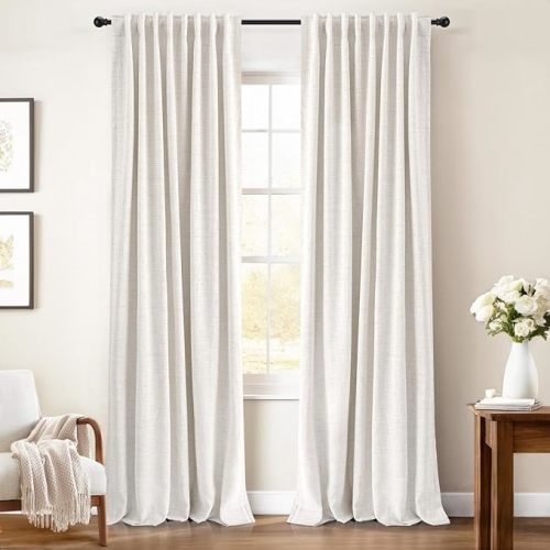 INOVADAY 100% Blackout Curtains 96 Inches Length 2 Panels Set, Back Tab/Rod Pocket Linen Black Out Curtains for Bedroom, Thermal Insulated Window Drapes - Beige, W50 X L96
