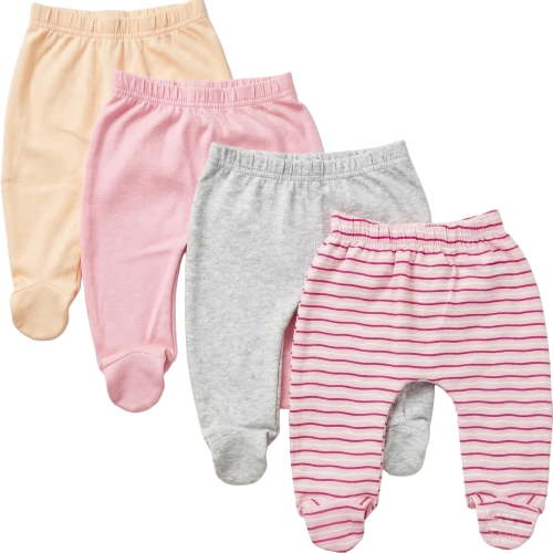123 Bear Baby Soft Cotton Spandex Pants with Feet, Pink 2 4-Pack, 0-3 Months