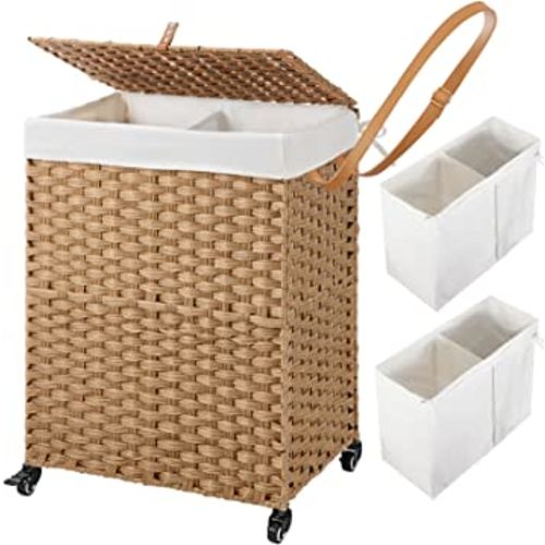 Greenstell Laundry Hamper with Wheels, No Install Needed, 90L Divided Handwoven Hampers & 2 Removable Liner Bags, Synthetic Rattan Clothes Laundry Basket with Lid & Handles, Foldable Hampers Natural