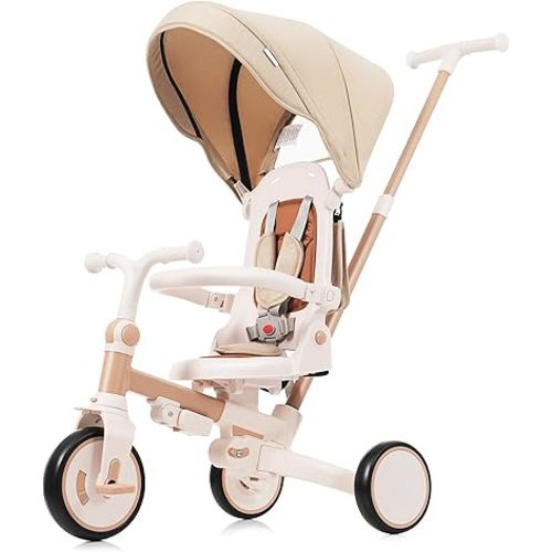 7 in 1 Baby Tricycle, Foldable Toddler Tricycle with Removable and Adjustable Parent Handle, Toddler Push Bike with Removable Pedal, Canopy and Guardrail,Tricycle for 12-72 Months,light brown