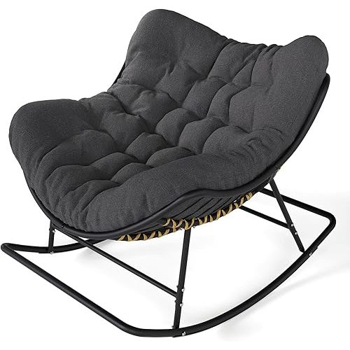 SWITTE Papasan Rocking Chair Outdoor Indoor, Oversized Egg Wicker Rocker with Cushion, Supports 450 lbs, Patio Chair for Balcony or Living Room - Grey
