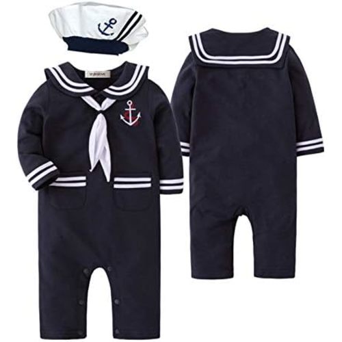 stylesilove Baby Boy Marine Sailor Romper Onesie Set with Hat & Necktie - 3-Piece Holiday Outfit Cotton (Navy Blue - Long Sleeve, 3-6 Months)