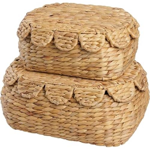 LUSYDECO Set of 2 Scalloped Edge Wicker Basket with Lid