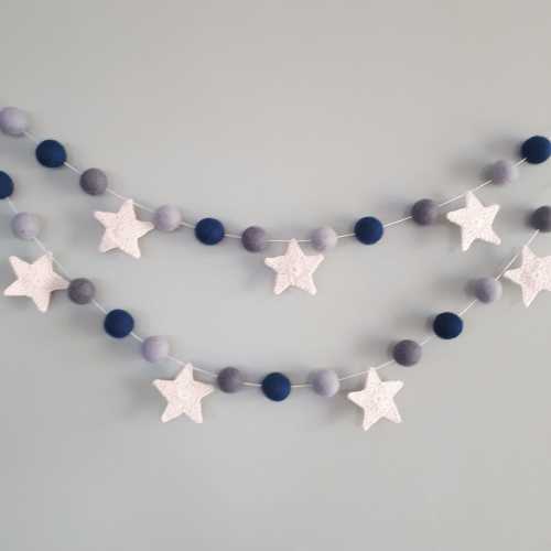 Felt Ball Garland, Pom Pom Garland, Baby Shower Bunting, Space Garland, Monochrome Nursery, Navy Blue Grey Garland, Boy Garland, Stars Decor