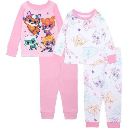 SuperKitties Girls 4-Piece Cotton Pajama Set, Ginny Buddy Bitsy and Sparks Graphic Tees and Matching Pants, Pink/White