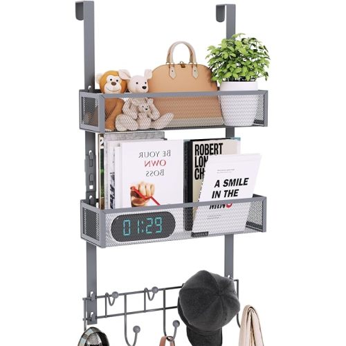 Over The Door Hooks Organizer - 3 Tier Door Hanger with 9 Coat Hooks & 2 Mesh Basket, Back Storage Organizer Hanging Towels for Bathroom, Bedroom, Grey