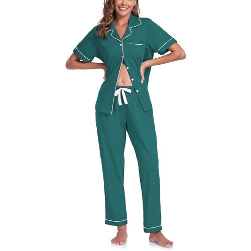COLORFULLEAF Women's 100% Cotton Pajama Set Button Down Sleepwear Short Sleeve Shirt and Long Pants Soft ladies Lounge Sets