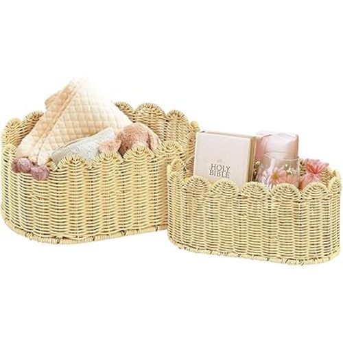 Rattan Picnic Basket Set of 2, Wicker Picnic Basket with Scalloped Edge, Garden Harvest Basket, Woven Baskets for Vegetable & Fruit, Natural