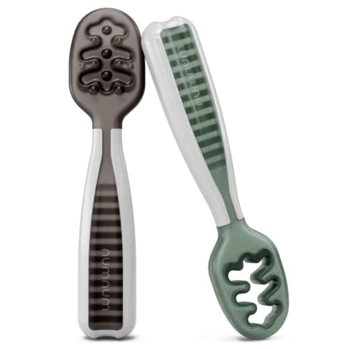 NumNum Baby Spoons Set, Baby Essentials Pre-Spoon GOOtensils for 6+ Months, First Stage Self-Feeding Spoons for Baby Led Weaning (BLW), Silicone Toddler Utensils, BPA-Free, 2 Pack Gray/Green