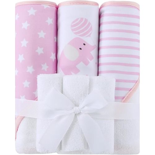 Viviland 6 Pcs Hooded Baby Towels and Washcloths Set, Super Gentle Bath Towels for Newborn Face & Body, Absorbent Wash Cloth for Infants Girls, Pink-Elephant Pattern, 28 x 28 inch