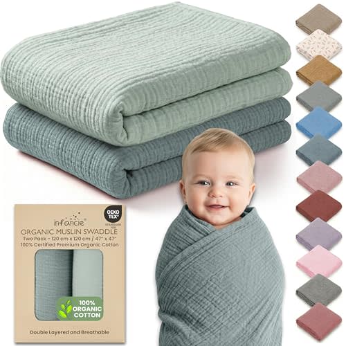 infancie 100% Organic Cotton Muslin Baby Blanket - 47 x 47 Inch Breathable Swaddle Blankets for Newborns, Hypoallergenic Double-Layer, Soft and Cozy Baby Blankets for Everyday Use (Green/Mint Green)