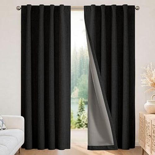 Joydeco Blackout Curtains for Bedroom - 84 Inch Long 100% Light Blocking 2 Panels Set Black Drapes, Thermal Insulated Room Darkening Curtains, Linen Textured for Living Room, Rod Pocket & Back Tabs