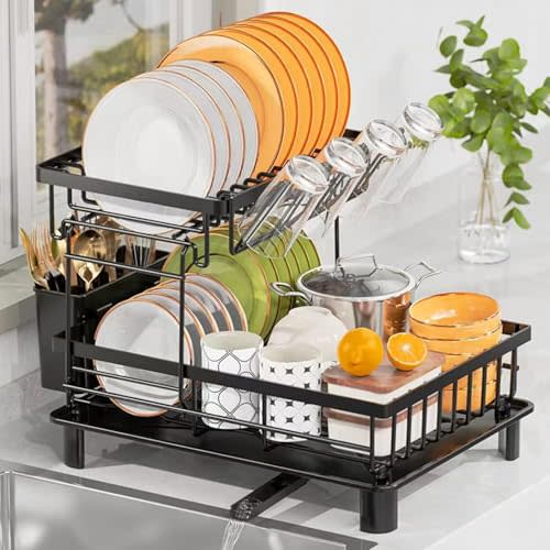 DMTXCRP Dish Drying Rack, Large 2 Tier Stainless Steel Dish Rack for Kitchen Counter with a Drainboard, Cutlery, Cup Holder, Kitchen Organizers and Storage Rack, 17" L x 13" W, Black