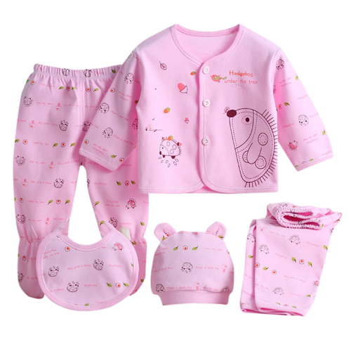 Edvintorg 5Pcs 0-3M Newborn Baby Boy Girl Clothes Cute Printed Long Sleeve Tops+Hat+Pants+Bib Outfit Set Loungwear Cotton Baby Costume